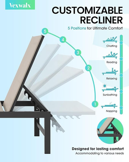 Outdoor Lounge Chairs for Pool, Aluminum Chaise Lounge Chairs with 5-Position Recliner, Patio Lounge Chair for Backyard