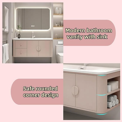 64IN Pink Modern Bathroom Vanity - Bathroom Vanities Set with 2 Drawers Wall Mounted | Rounded Corner Smart Defogging Mirror Cabinet with Lighting & Time Display, Side Opening Storage Shelf (Style A)