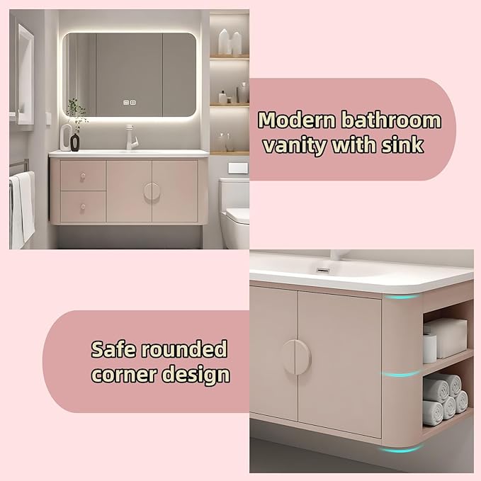 40IN Pink Modern Bathroom Vanity - Bathroom Vanities Set with 2 Drawers Wall Mounted | Rounded Corner Smart Defogging Mirror Cabinet with Lighting & Time Display, Side Opening Storage Shelf (Style A)