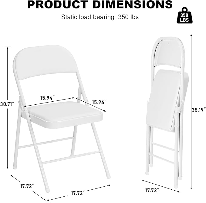 8 Pack White Folding Chairs with Padded Cushion for Outside, Portable Stackable Commercial Metal Foldable Chairs with Steel Frame for Home Events Office Wedding Party, 350lbs Capacity