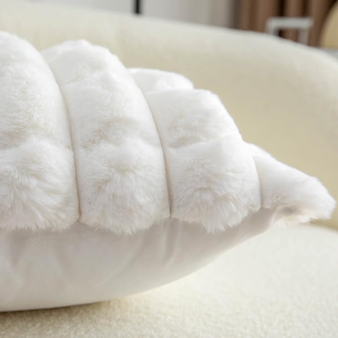 Neelvin Cream White Faux Fur Cozy Soft Plaid Decorative Throw Pillow Covers 18x18 inch Set of 2,Velvet Pillowcase Cushion Case for Sofa Couch