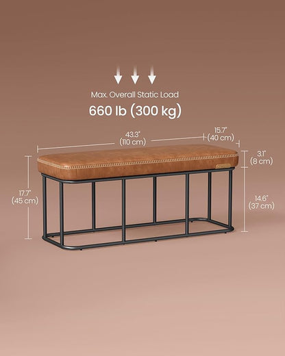 VASAGLE EKHO Collection - Storage Bench for Entryway, Ottoman Bench with Steel Frame, 43.3-Inch Wide, Synthetic Leather, Living Dining Room, Mid-Century Modern, Loads 660 lb, Caramel Brown ULOM085K01