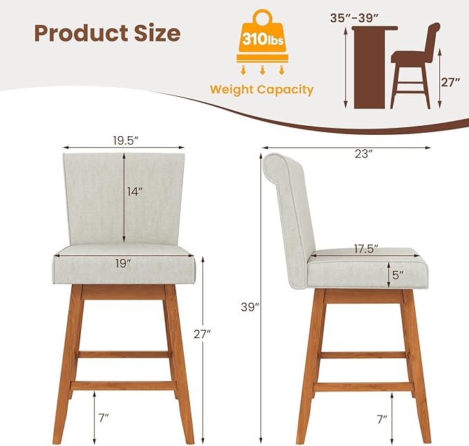 COSTWAY Swivel Bar Stools Set of 2, 27" Counter Height Bar Chairs with Rubber Wood Legs, Upholstered Linen Barstools with Back & Cushioned Seat, for Kitchen Island, Home, Beige (2,Beige)