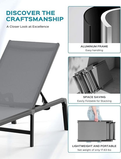 Patio Chaise Lounge Chair Set of 4, Foldable Lounge Chair for Outside, Aluminum Chairs with 5 Adjustable Backrest, Outdoor Pool Lounger for Poolside, Patio, Deck, Grey