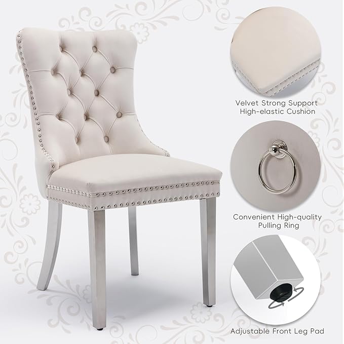 Velvet Upholstered Dining Chairs Set of 2, Modern Style Kitchen Side Chairs with Nailhead Trim and Silver Plated Leg, Metal Pulling Ring for Dining Room Living Room(Creamy White)