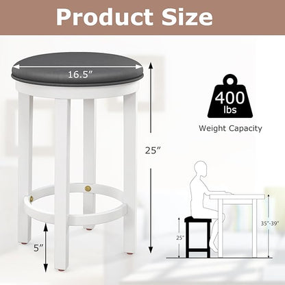 COSTWAY Upholstered Bar Stools Set of 2, 25” Counter Height Bar Chairs with Padded Cushion & Wooden Frame, Faux Leather Backless Stools for Kitchen, Dining Room, Pub, White + Grey