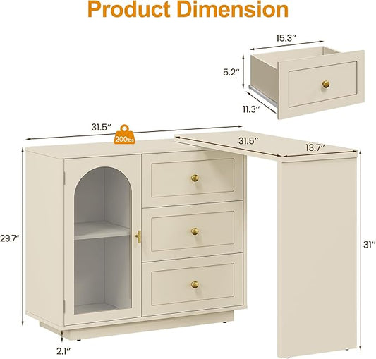 RoyalCraft L Shaped Home Office Desk, Extendable and Rotatable Desk with 3 Drawers and Door, Corner Computer Desk, Modern Study Writing Table for Bedroom, Home Office, Beige