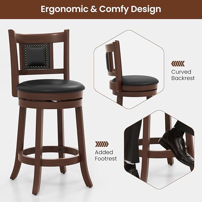 COSTWAY Bar Stools Set of 4, 25.5” Swivel Upholstered Counter Height Bar Stool with Curved Backrest & Cushioned Seat, Solid Rubber Wood Legs & Resting Footrest, for Kitchen Island (4, 25.5”)