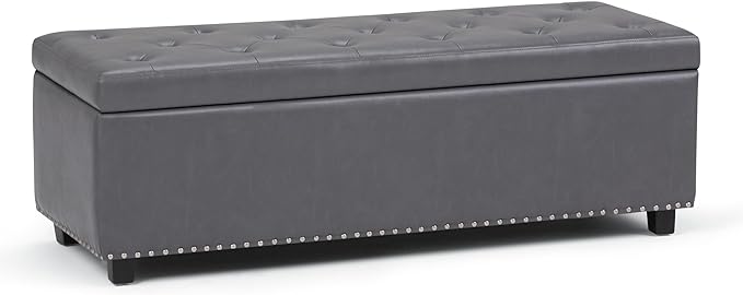 SIMPLIHOME Hamilton 48 inch Wide Transitional Rectangle Storage Ottoman in Stone Grey Vegan Faux Leather, Assembled, For the Living Room, Entryway and Family Room