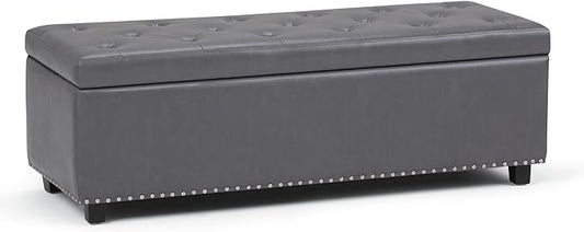 SIMPLIHOME Hamilton 48 inch Wide Transitional Rectangle Storage Ottoman in Stone Grey Vegan Faux Leather, Assembled, For the Living Room, Entryway and Family Room