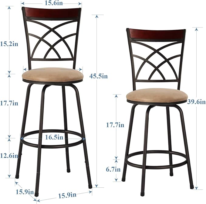 VECELO Barstools, Adjustable Counter Stools,Steel Bistro Pub Chairs,Bar Stools with 360 Degree Swivel Cushion Seat, Wood Top Rail Backrest, Set of 4
