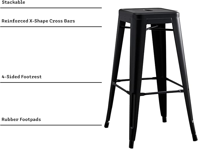 AC Pacific 30” Metal Backless Barstool Set of 2 – Country Rustic Style, Lightweight & Sturdy Build, Easy Assembly – Midnight