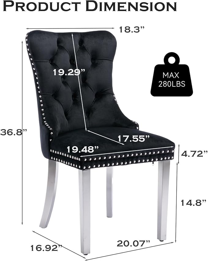 Velvet Upholstered Dining Chairs Set of 2, Modern Style Kitchen Side Chairs with Nailhead Trim and Silver Plated Leg, Metal Pulling Ring for Dining Room Living Room(Black,Set of 2)