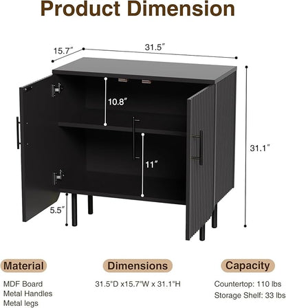 Modern Fluted Black Storage Cabinet with 2 Doors, Adjustable Shelves, and Metal Legs, Accent Buffet Sideboard for Living Room, Dining Room, Entryway (Black)