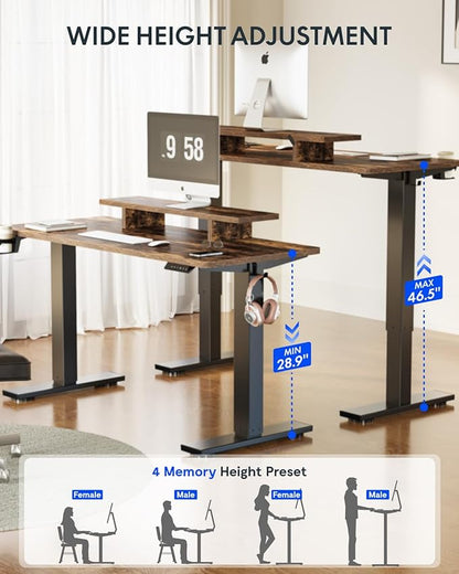 FLEXISPOT Standing Desk with Monitor Stand, 55 x 24 Inches One-Piece Electric Height Adjustable Computer Desk with Cup Holder, Home Office Desks (Black Frame+ Rustic Top)
