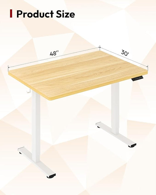 SANODESK Electric Standing Desk 48 x 30 Inches Whole-Piece Desktop Height Adjustable Stand Up Desk w/6-Button Controller Ergonomic Computer Desk for Home Office, White Frame + Natural Tabletop