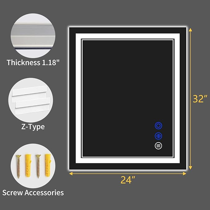 32"x24" LED Bathroom Mirror with Anti-Fog, Stepless Dimmable Lights, 3 Color Modes, Shatter-Proof Tempered Glass, Memory Function & Waterproof Design