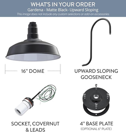 Steel Lighting Co. Gardena Barn Light | Outdoor Wall Mounted | 16" Dome | Upslope Gooseneck | Farmhouse Light Made in America | Matte Black Exterior/White Interior