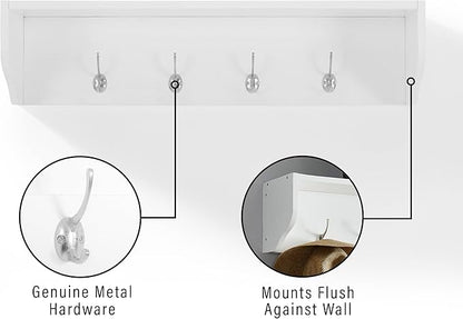 Crosley Furniture Harper Entryway Storage Wall Shelf, with Coat Rack Hooks for Hanging, White