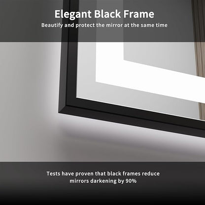 LED Bathroom Mirror, 24x32 Inch Black Framed Gradient Front and Backlit LED Mirror for Bathroom, 3 Colors Dimmable CRI>90, Enhanced Anti-Fog Wall Mounted Lighted Vanity Mirror