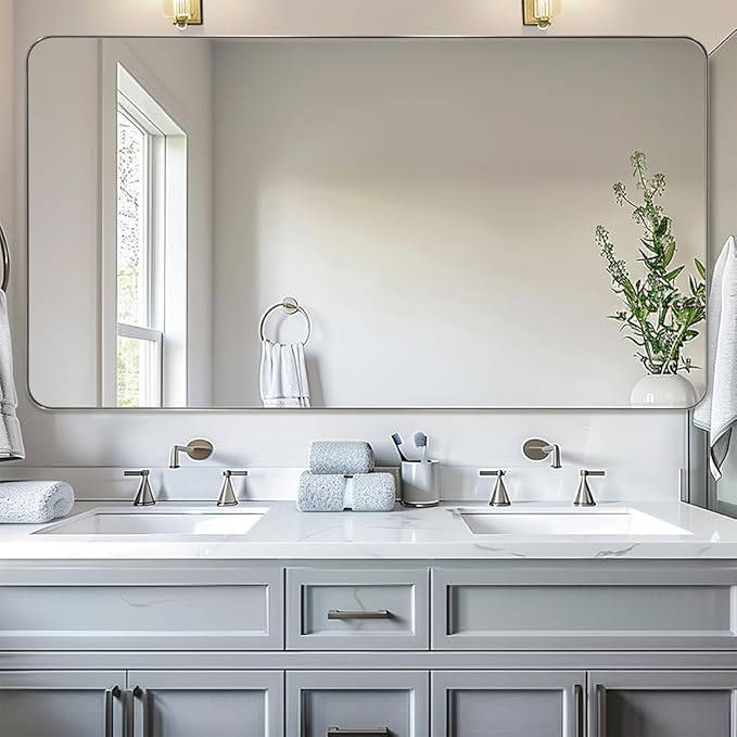 ANDY STAR Chrome Bathroom Mirrors for Over Sink, 24x48 Inch Polished Silver Mirror for Wall, Rectangular Metal Framed Vanity Mirror -Modern Clean Design with Superior Stainless Steel Frame