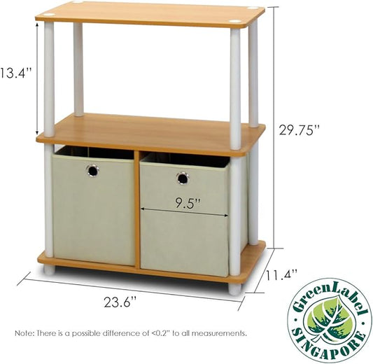Furinno Go Green 3-Tier 2-Bin Multi-Purpose Storage Shelf (Set of 2), Beech