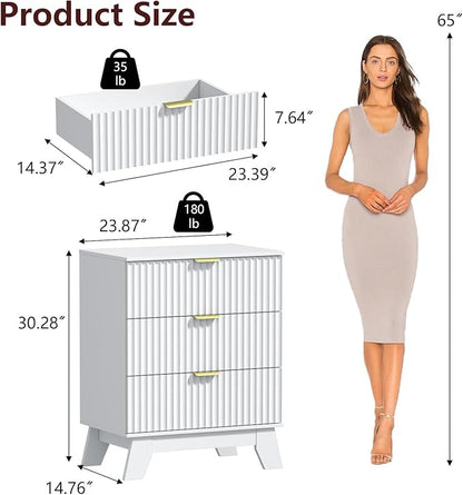 Fluted Dresser for Bedroom,3 Drawer Dresser for Closet,Storage Cabinet and Chest of Drawers with Gold Handle,TV Stand,Storage Organizer for Living Room,Hallway,Entryway,White