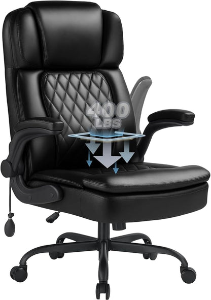 400lbs Executive Office Chair with Flip up Arm,Ergonomic Big and Tall Computer Desk Chairs,Breathable PU Leather Chair with Adjustable Lumbar Support,High Back Ofiice Chair with Pocket Spring Cushion