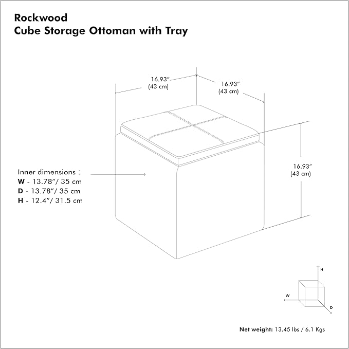 SIMPLIHOME Rockwood 18 inch Wide Contemporary Square Cube Storage Ottoman with Tray in Slate Grey Linen Look Fabric, Assembled, For the Living Room, Entryway and Family Room
