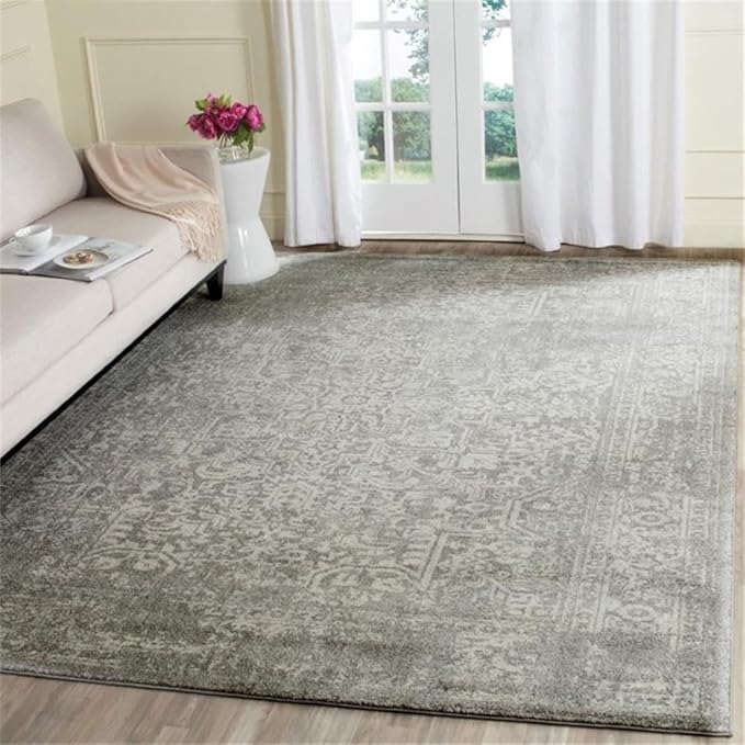 SAFAVIEH Evoke Collection Area Rug - 6'7" Square, Silver & Ivory, Distressed Design, Non-Shedding & Easy to Clean, Ideal for Living Room, Bedroom, Dining Space (EVK256S)