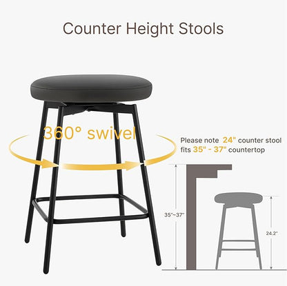 Swivel Bar Stools Set of 4, 24" Counter Height Bar Stool, Backless Barstools with Faux Leather Upholstered Seat&Sturdy Wood Legs for Kitchen Island, Black
