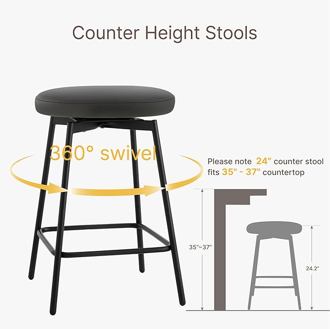 Swivel Bar Stools Set of 3, 24" Counter Height Bar Stool, Backless Barstools with Faux Leather Upholstered Seat&Sturdy Wood Legs for Kitchen Island, Black