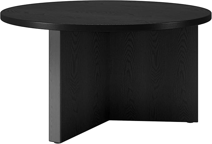 Henn&Hart 32" Round Wood Pedestal Coffee Table for Living Room, Family Room, Office, or Apartment, Black Grain