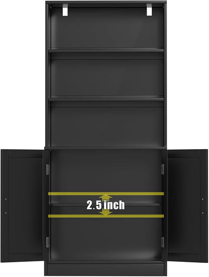 75" Tall Bookcase with Doors, 5 Tier Large Bookshelf with Cabinet, Standing Wood Display Book Shelf for Living Room, Office, Library with Doors, Black