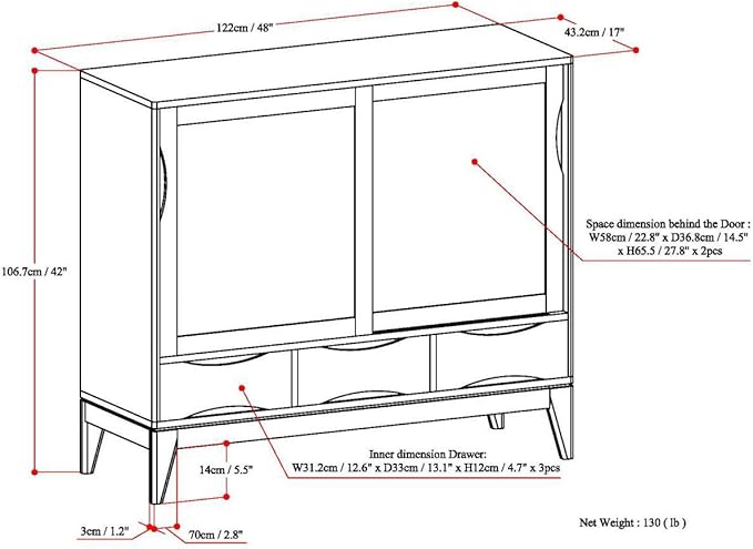 SIMPLIHOME Harper Medium Storage Cabinet - 48 inch Wide Solid Hardwood Sliding Door Cabinet in White, Mid-Century Modern Cupboard for Living Room or Entryway with 3 Drawers and Tapered Legs