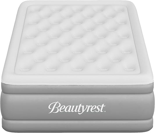 Beautyrest Skyrise Twin Size Air Mattress with Coil Beam Construction, Edge Support with External Pump and Puncture Resistant Vinyl for Guests and Camping