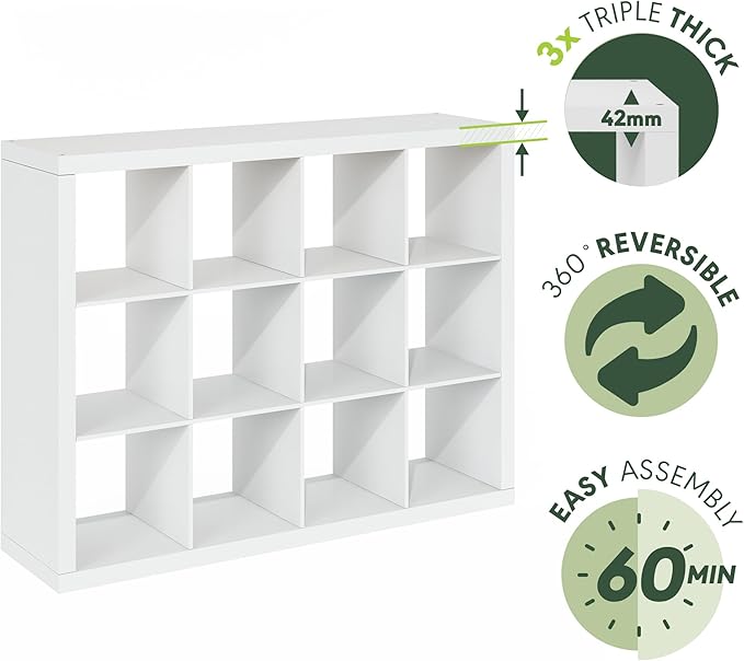 Furinno Cubicle Book Shelf, 12-Cube Bookshelf, Triple Thick Frame Cube Storage Organizer, Bookcase, 15.4 x 57.4 x 43.4, for Home Office, Living Room, Plain White