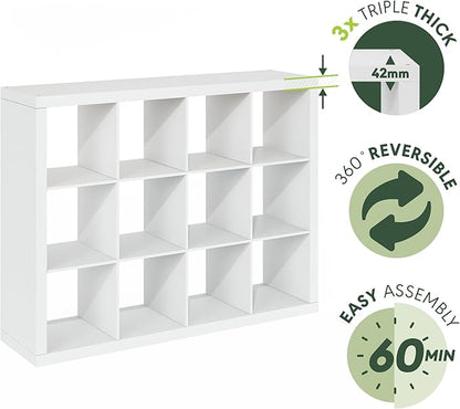 Furinno Cubicle Book Shelf, 12-Cube Bookshelf, Triple Thick Frame Cube Storage Organizer, Bookcase, 15.4 x 57.4 x 43.4, for Home Office, Living Room, Plain White