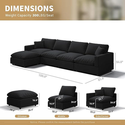 Modern Sectional Linen Couch for Living Room L-Shape Sofas,5 Seat Modular Cloud Sofas,Couches Cushion Covers Removable,Cozy Feather Down Sofa for Apartment Black