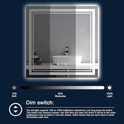 38x38 Inch LED Bathroom Mirror with Lights, Backlit and Front Lighted Bathroom Mirrors for Wall, Anti-Fog Dimmable Memory Shatterproof LED Vanity Mirror for Bathroom