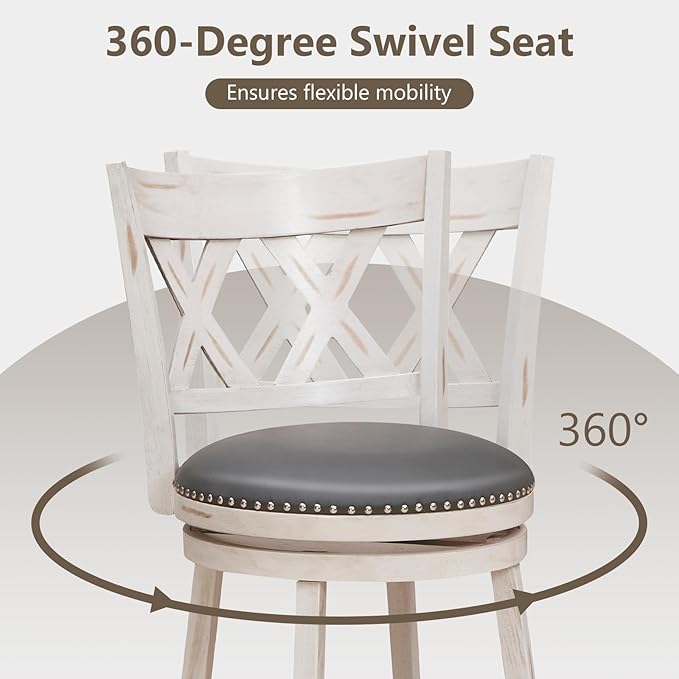 COSTWAY Bar Stool Set of 4 for Kitchen Island, 25.5” Swivel Armless Counter Height Stools with 20'' Wider Padded Seat, Ergonomic Curved Backrest, Rubber Wood Frame (4, Antique White + Gray)