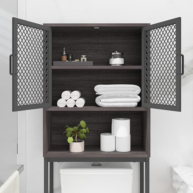 Launica Over The Toilet Storage Cabinet, Industrial Bathroom Organizer Above Toilet, Bathrooms Space Saver Stand with Shelf, Wood and Metal Freestanding Bathrooms Rack Behind The Toilet, Dark Gray Oak