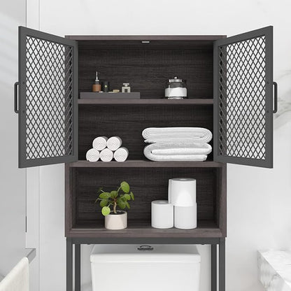 Launica Over The Toilet Storage Cabinet, Industrial Bathroom Organizer Above Toilet, Bathrooms Space Saver Stand with Shelf, Wood and Metal Freestanding Bathrooms Rack Behind The Toilet, Dark Gray Oak
