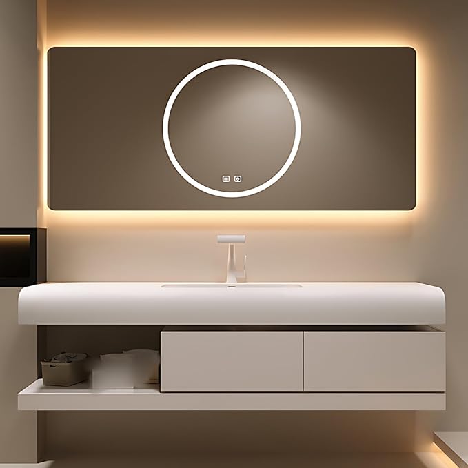 60IN Bathroom Vanity with Sink - Bathroom Cabinet Set has 2 Drawers & Overflow Hole Wall Mounted | LED Practical Defogging Mirror, Open Compartments, Seamless Rock Slab Basin (Cream White)