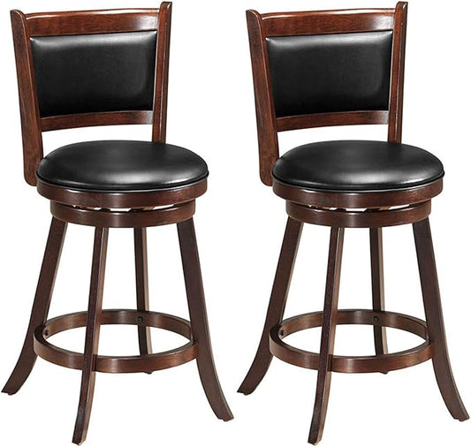 COSTWAY Bar Stools Set of 2, 360 Degree Swivel, Accent Wooden Swivel Seat Counter Height Bar Stool, Leather Upholstered Design, PVC Cushioned Seat, Perfect for Dining and Living Room (Height 24")