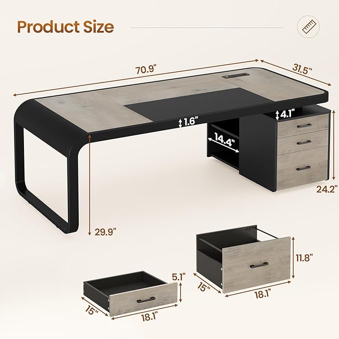 Itaar 70.9" Executive Desk, Large Computer Desk with Drawers and Lateral File Cabinet, Office Desk with Removable Shelves, Business Furniture Desk Workstation for Home Office, Gray