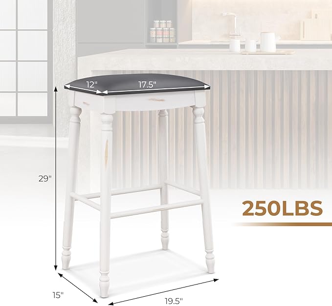 COSTWAY Upholstered Bar Stools Set of 4, 29-Inch Backless Counter Height Dining Stools with Delicate Wood Carving, Footrest, Solid Rubber Wood Frame, Farmhouse BarStools for Kitchen Island Bar, White