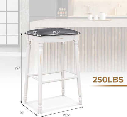 COSTWAY Upholstered Bar Stools Set of 4, 29-Inch Backless Counter Height Dining Stools with Delicate Wood Carving, Footrest, Solid Rubber Wood Frame, Farmhouse BarStools for Kitchen Island Bar, White