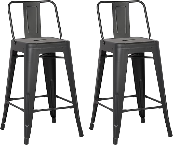 AC Pacific 24” Metal Barstool Set of 2 – Country Rustic Style with Low Back, Lightweight & Sturdy Build, Easy Assembly – Black Matte