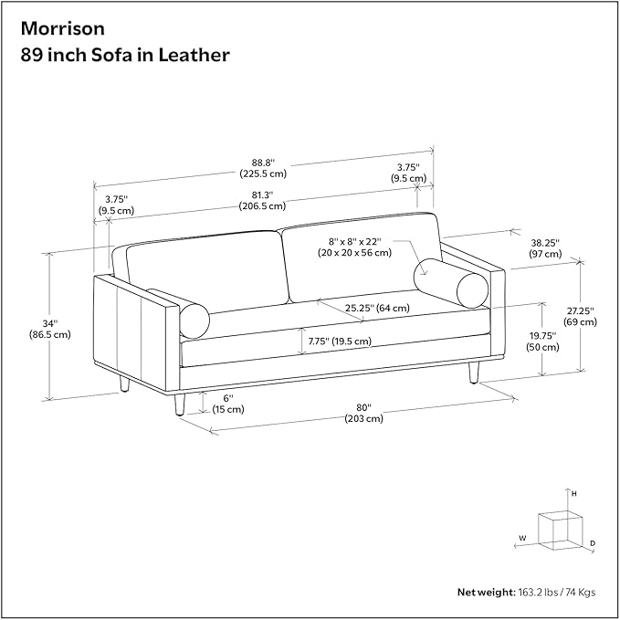 SIMPLIHOME Morrison 89-inch Wide Sofa in Moss Green Genuine Leather, Mid-Century Modern Design Couch for Living Room, Single Bench Cushion, 2 Back Cushions, 2 Bolster Pillows